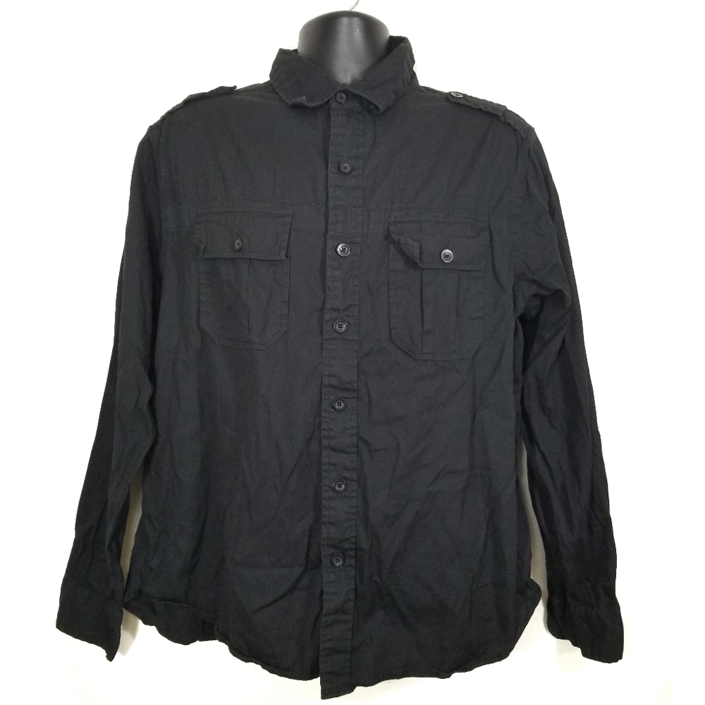 Mens Steve & Barry's 19853 Black Button Front Long Sleeve Shoulder Tab Shirt L